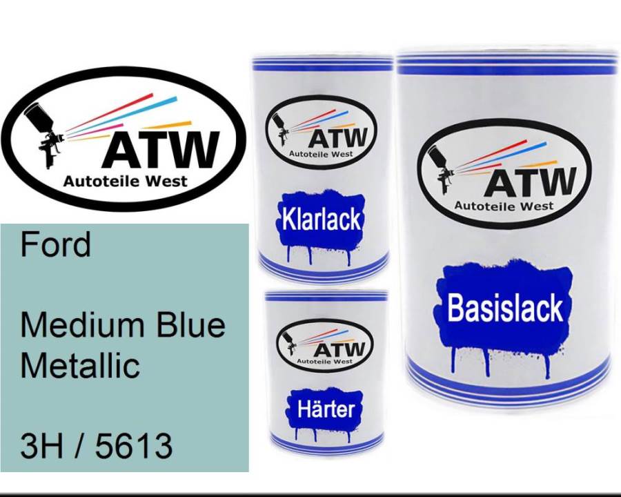 Ford, Medium Blue Metallic, 3H / 5613: 500ml Lackdose + 500ml Klarlack + 250ml Härter - Set, von ATW Autoteile West.